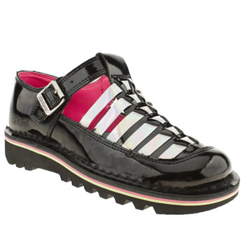 womens kickers black & silver kick t-bar hurache patent flat shoes womens kickers black & silver kick t-bar hurache patent flat shoes