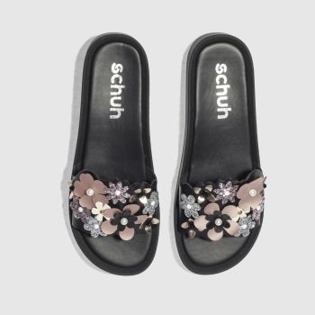 SCHUH BLACK FLOWER POWER SLIDER SANDALS SCHUH BLACK FLOWER POWER SLIDER SANDALS