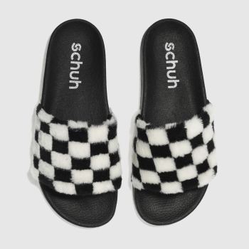 SCHUH BLACK & WHITE FUZZY SLIDER SANDALS SCHUH BLACK & WHITE FUZZY SLIDER SANDALS