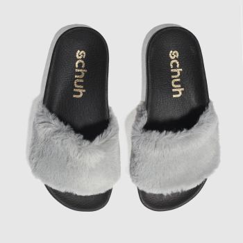 SCHUH GREY FUZZY SLIDER SANDALS SCHUH GREY FUZZY SLIDER SANDALS
