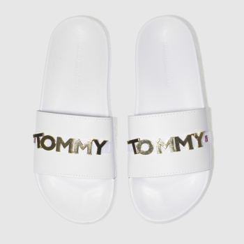 TOMMY HILFIGER WHITE & GOLD BEACH SLIDE SANDALS TOMMY HILFIGER WHITE & GOLD BEACH SLIDE SANDALS
