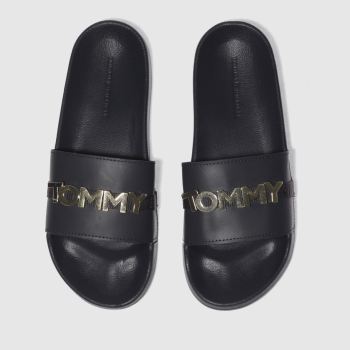 TOMMY HILFIGER NAVY & GOLD BEACH SLIDE SANDALS TOMMY HILFIGER NAVY & GOLD BEACH SLIDE SANDALS