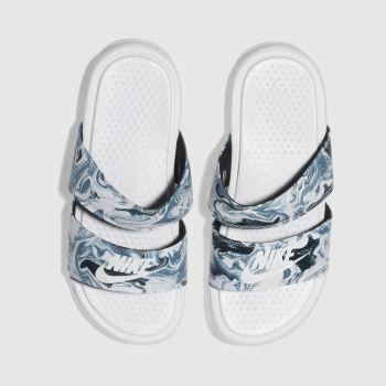 NIKE WHITE & PL BLUE BENASSI DUO ULTRA SLIDE SANDALS NIKE WHITE & PL BLUE BENASSI DUO ULTRA SLIDE SANDALS