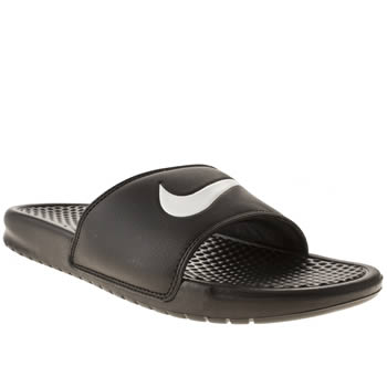mens nike black & white benassi swoosh sandals mens nike black & white benassi swoosh sandals