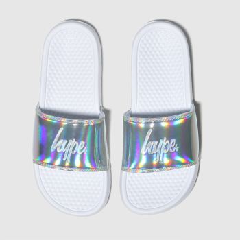 HYPE WHITE & SILVER HOLOGRAPHIC SLIDERS SANDALS YOUTH HYPE WHITE & SILVER HOLOGRAPHIC SLIDERS SANDALS YOUTH
