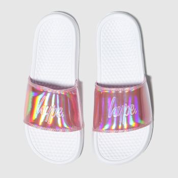 hype white & pink holographic sliders sandals youth hype white & pink holographic sliders sandals youth