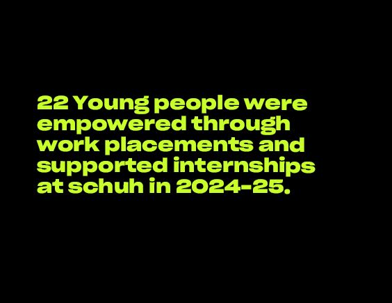 Image with black background and green text stating 22 young people joined Schuh placements and internships in 2024–25.