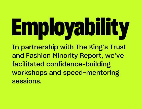 Green box with text about confidence workshops and mentoring sessions in partnership with The King’s Trust and Fashion Minority Report.