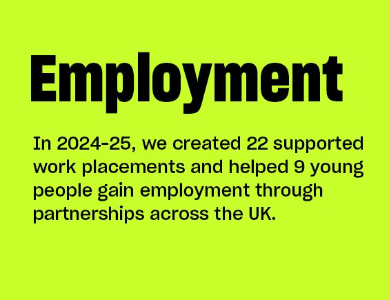 Green box detailing work placements and employment support for young people across the UK in 2024–25.