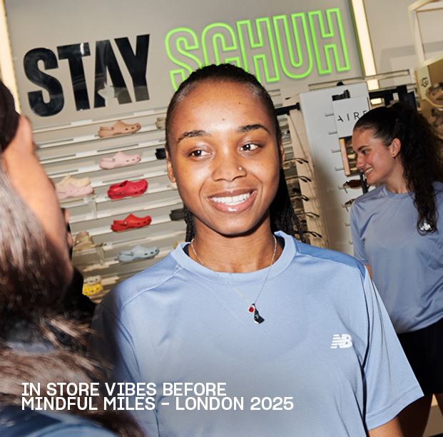 Image of people inside a Schuh store with “STAY SCHUH” and “Mindful Miles – London 2025” text overlay.