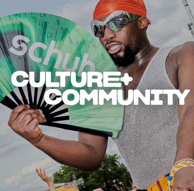 Text reads “Culture + Community” with a person holding a large green fan outdoors.
