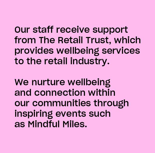 Image with pink background and text about Retail Trust’s support and community wellbeing events.