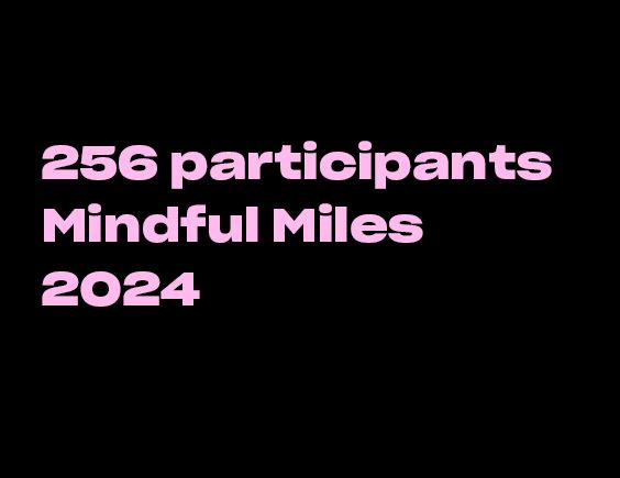 Image with black background and pink text reading “256 participants Mindful Miles 2024
