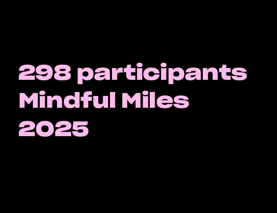 Image with black background and pink text reading “298 participants Mindful Miles 2025