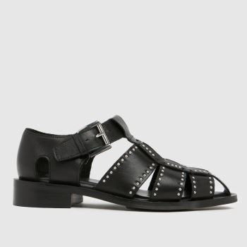 schuh Black Leonie Leather Stud T-Bar Womens Flats
