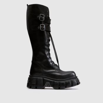 NEW ROCK Black Knee High Buckle Womens Boots