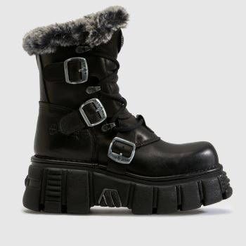NEW ROCK Black Fur Buckle Womens Boots