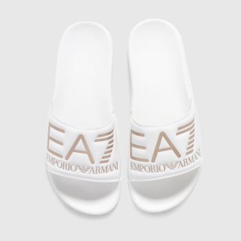 EA7 Emporio Armani white & gold seaworld visibility slide sandals EA7 Emporio Armani white & gold seaworld visibility slide sandals