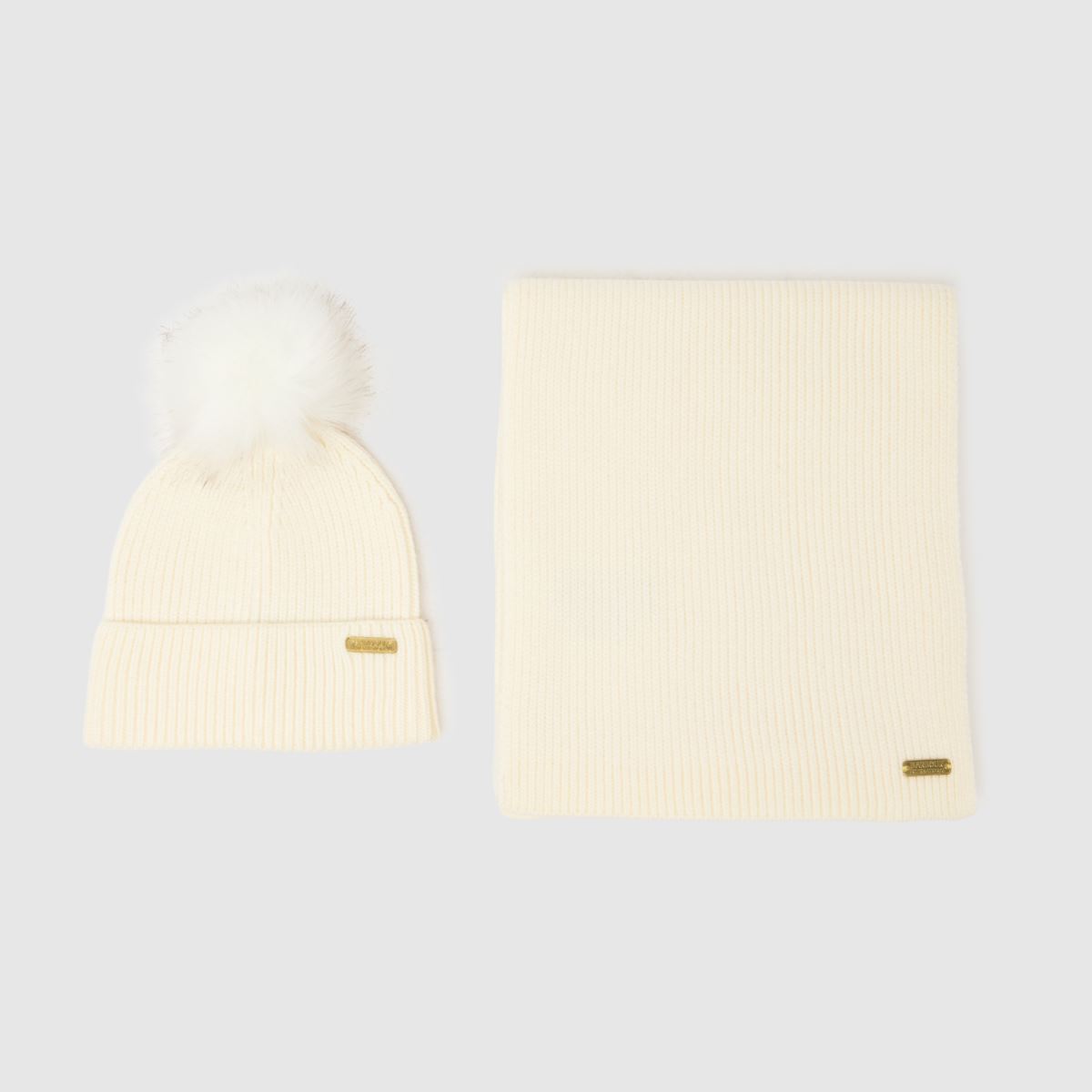 Barbour Mallory Beanie And Scarf Gift Set in Cream, Logo Detail