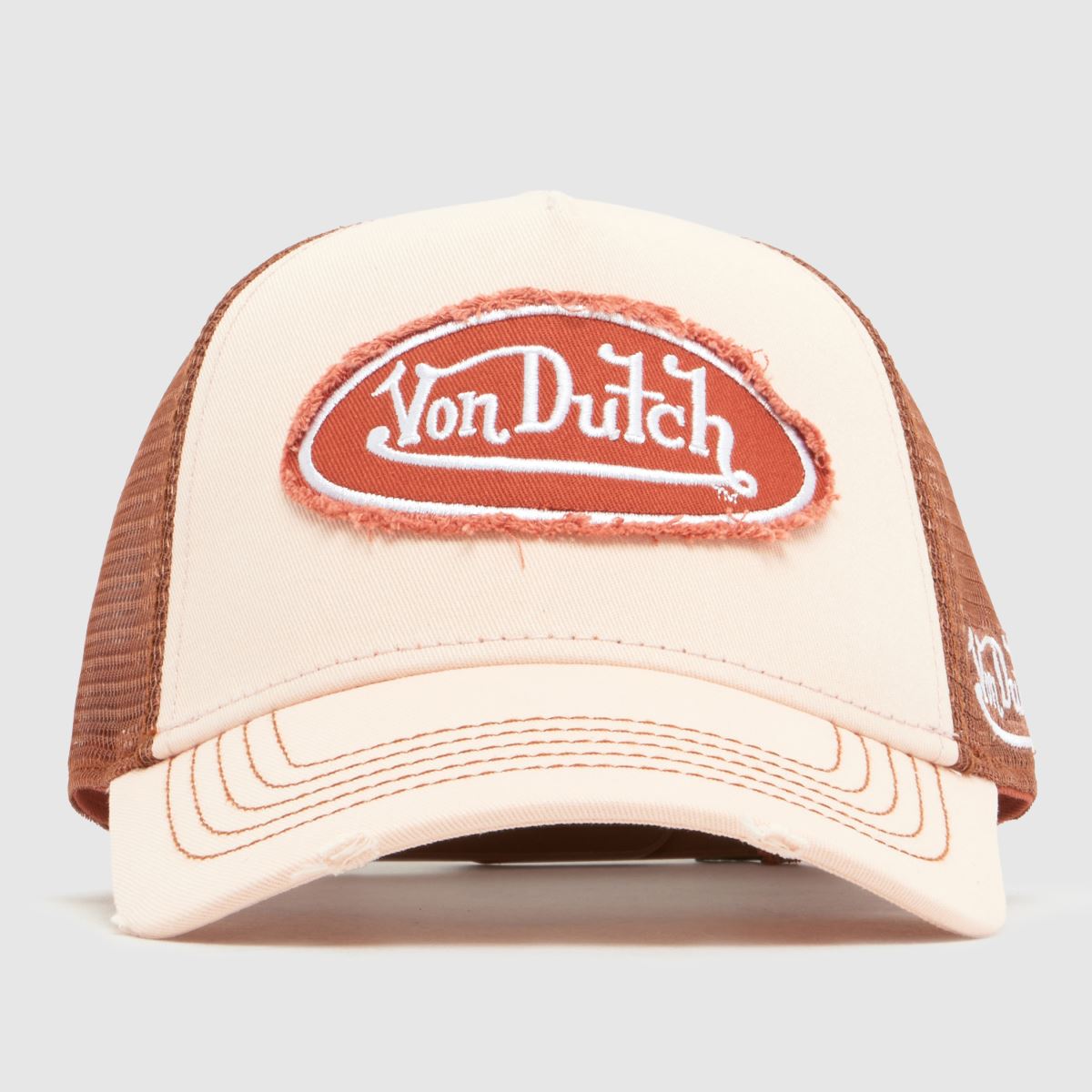 Von Dutch Unisex Beige/Brown Distressed Trucker Cap In &