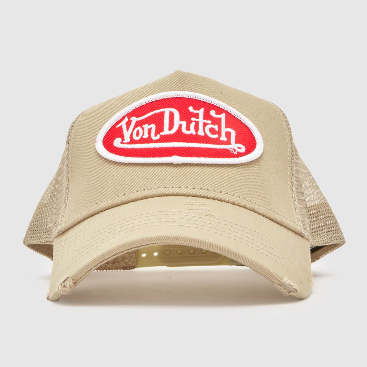 Von Dutch Distressed Trucker Cap in Beige Multi Von Dutch Distressed Trucker Cap
