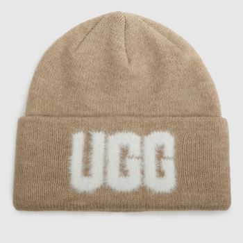 UGG White & Beige Fuzzy Logo Beanie Caps and Hats