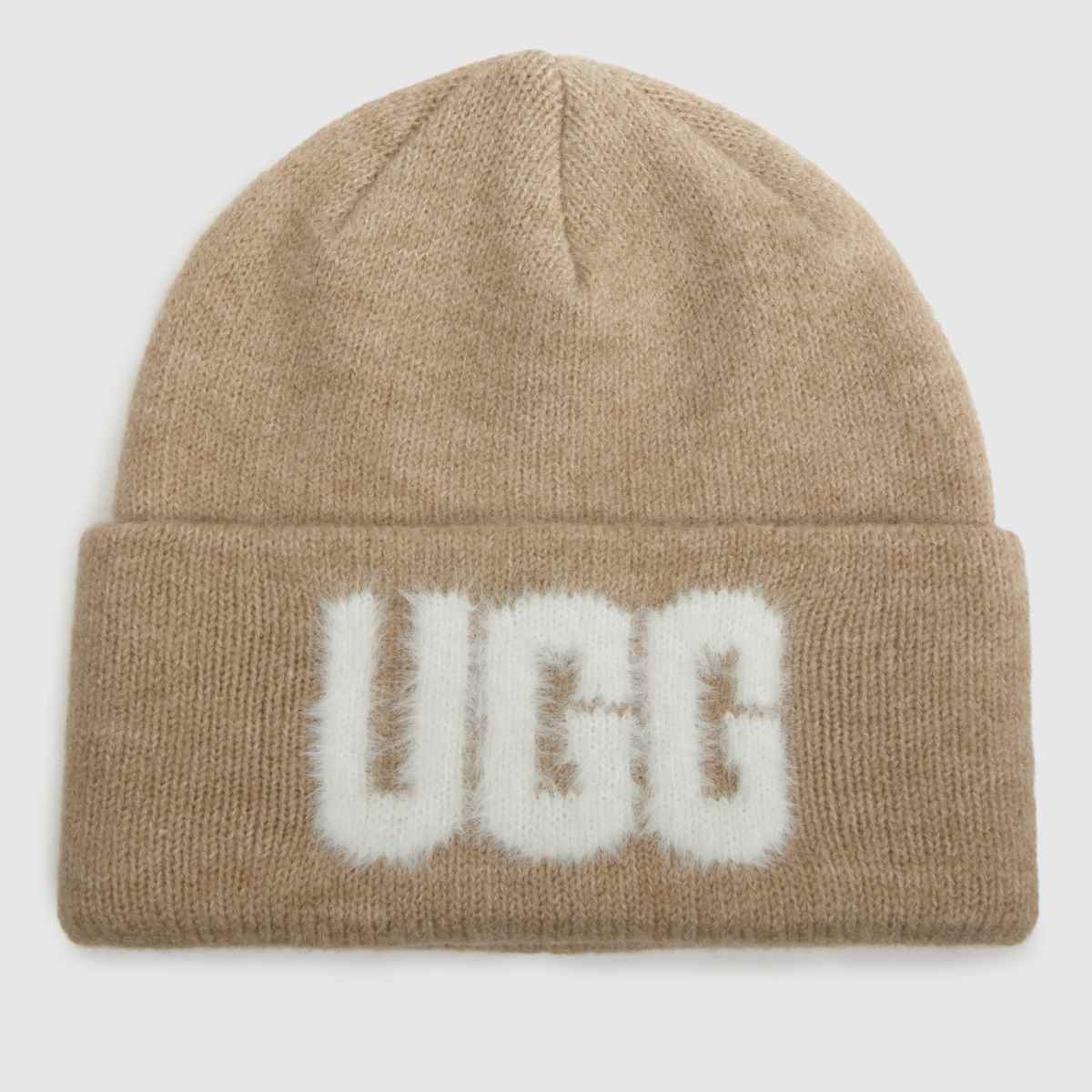 UGG Fuzzy Logo Beanie in White & Beige UGG Fuzzy Logo Beanie