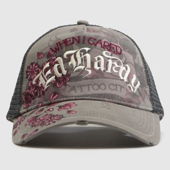 ED HARDY Grey Multi Floral Tattoo Panel Cap Caps and Hats