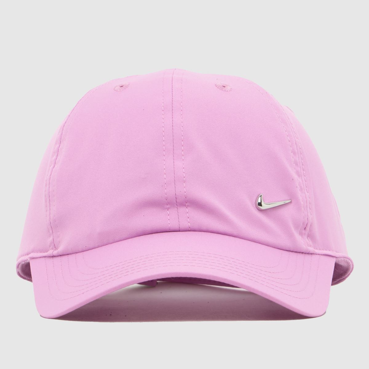 Image of Nike Kids Metal Swoosh Cap in Pink & Silver, Logo Detail