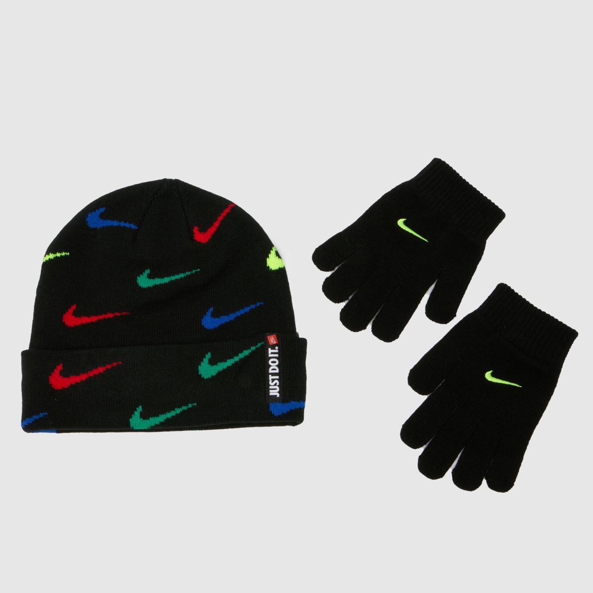 Image of Nike Black Multi Kids Swoosh Beanie Set