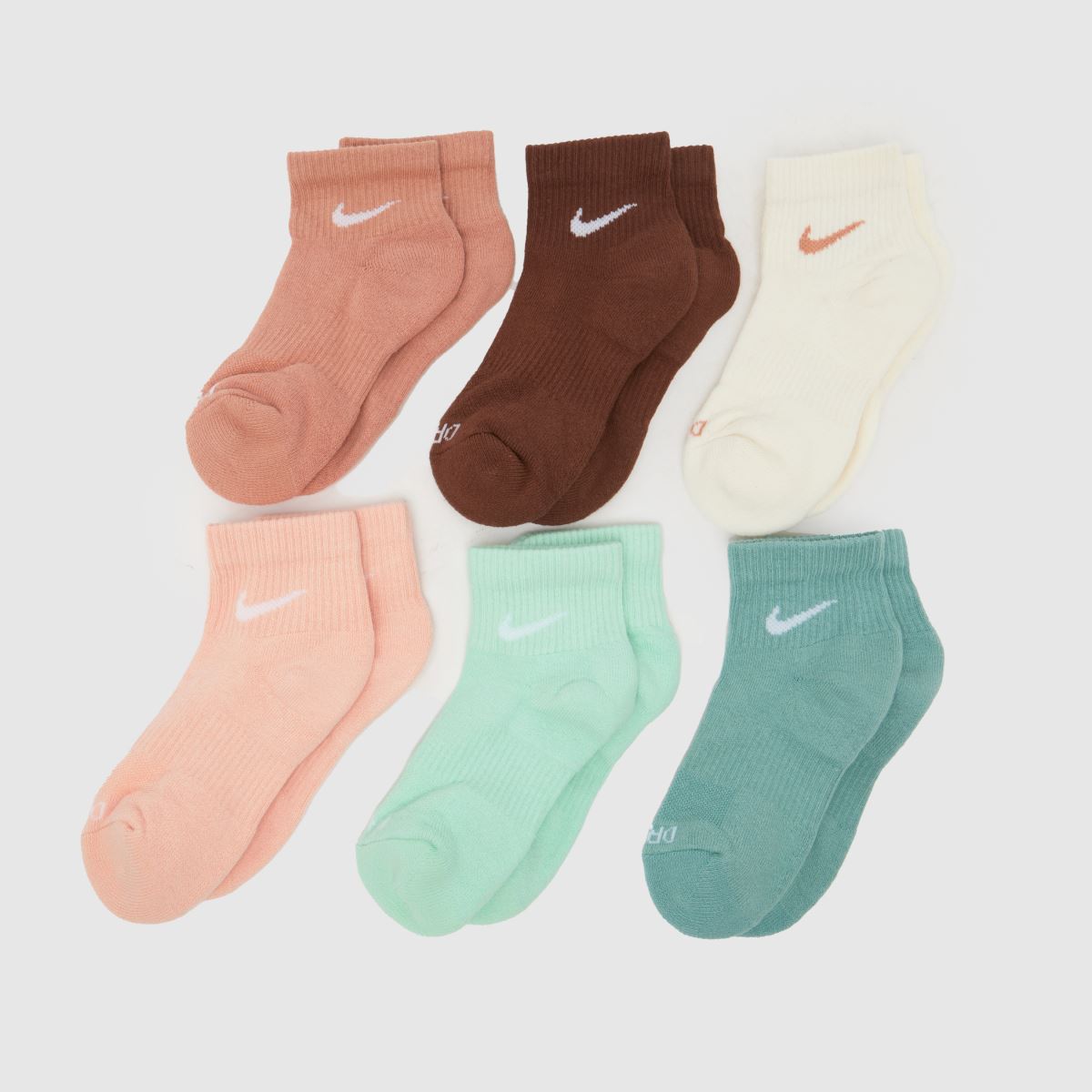Nike Kids Everyday Ankle Socks 6 Pack in Brown & Pink, Fabric, Size: 2-5