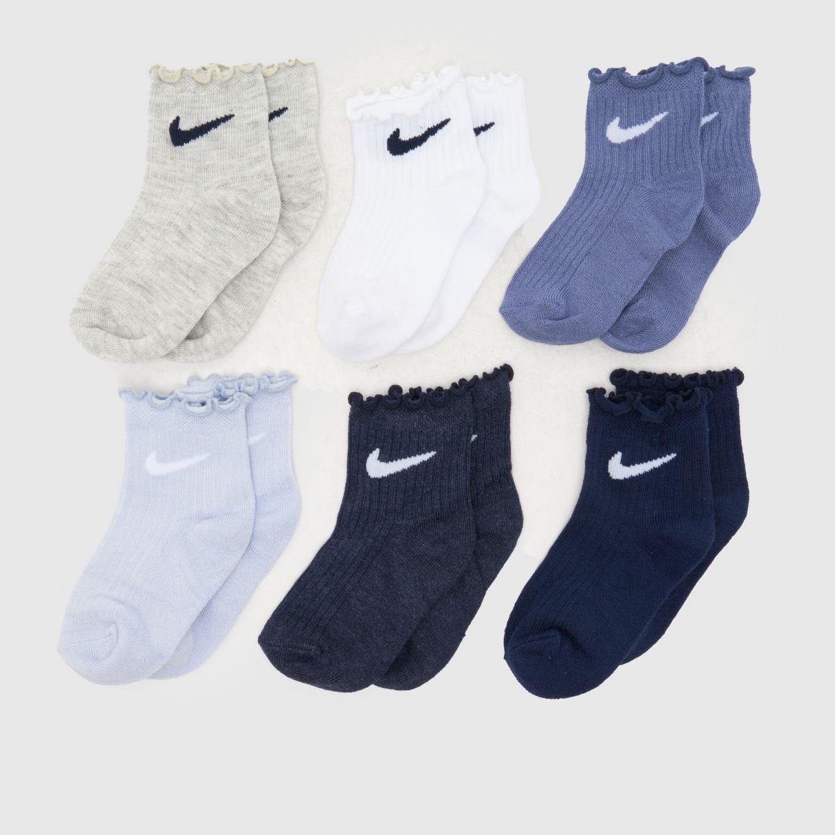 Nike Kids Ankle Socks 6 Pack in Blue & White, Fabric, Size: 9.5-2.5