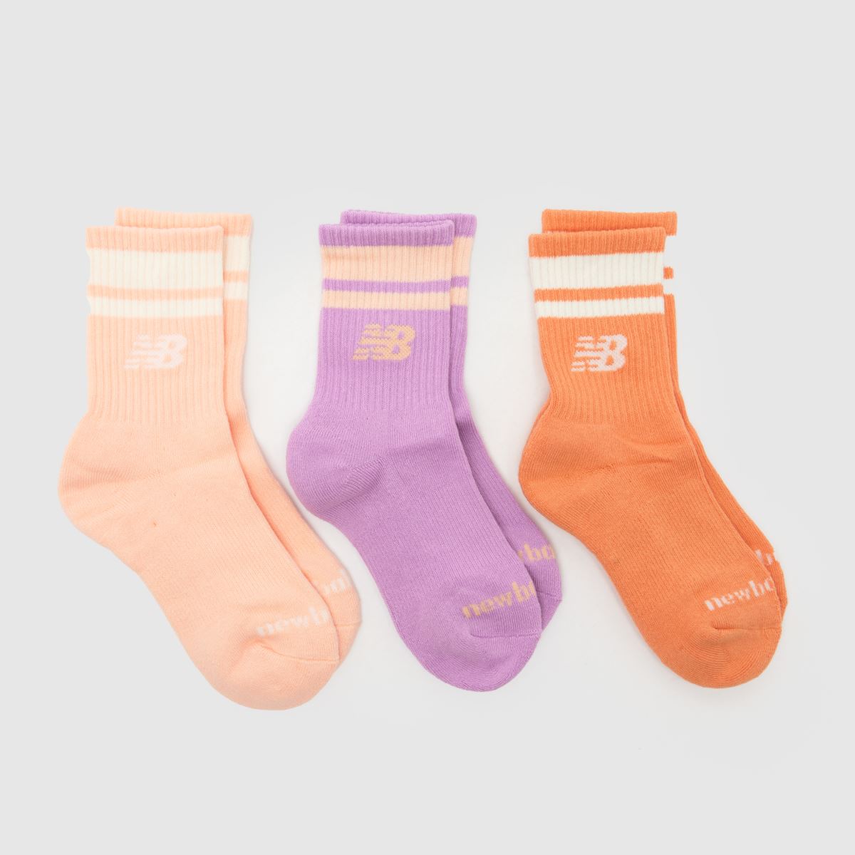 New Balance Kids Midcalf Socks 3 Pack in Pink & Purple, Striped, Fabric, Size: 9-11.5