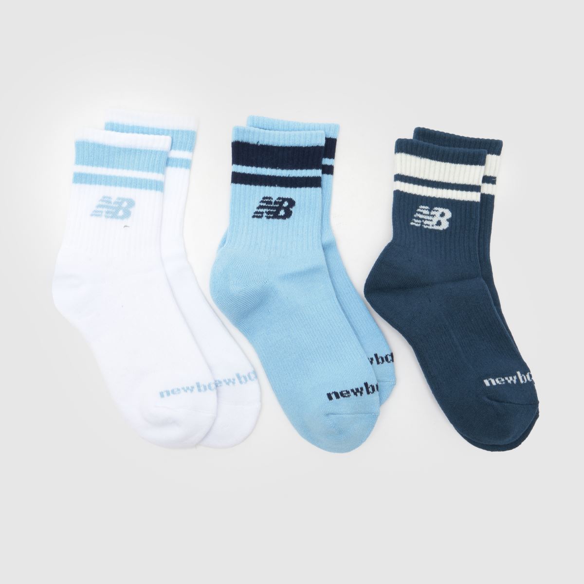 New Balance Kids Midcalf Socks 3 Pack in Blue & White, Striped, Cotton, Size: 2-5.5