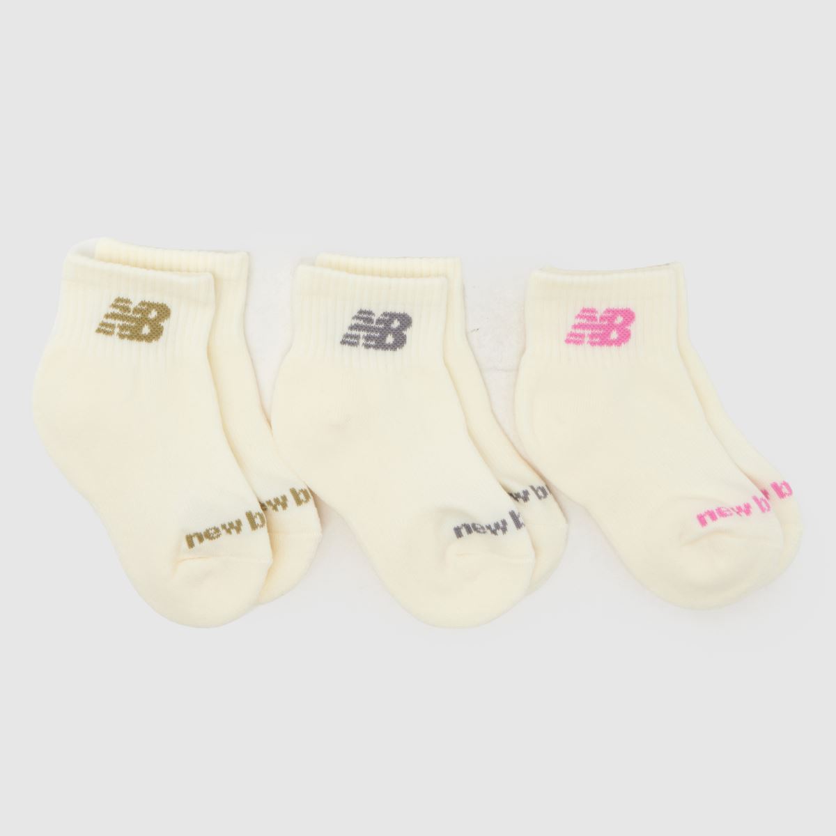 New Balance Kids Ankle Socks 3 Pack in Cream & Pink, Knitted, Fabric, Size: 8.5-2