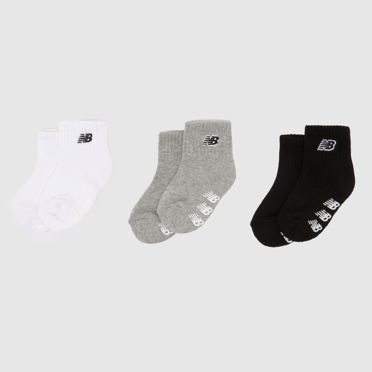 New Balance Kids Grippers Ankle Socks 3 Pack in White & Black, Logo Detail, Cotton, Size: 12-24 M