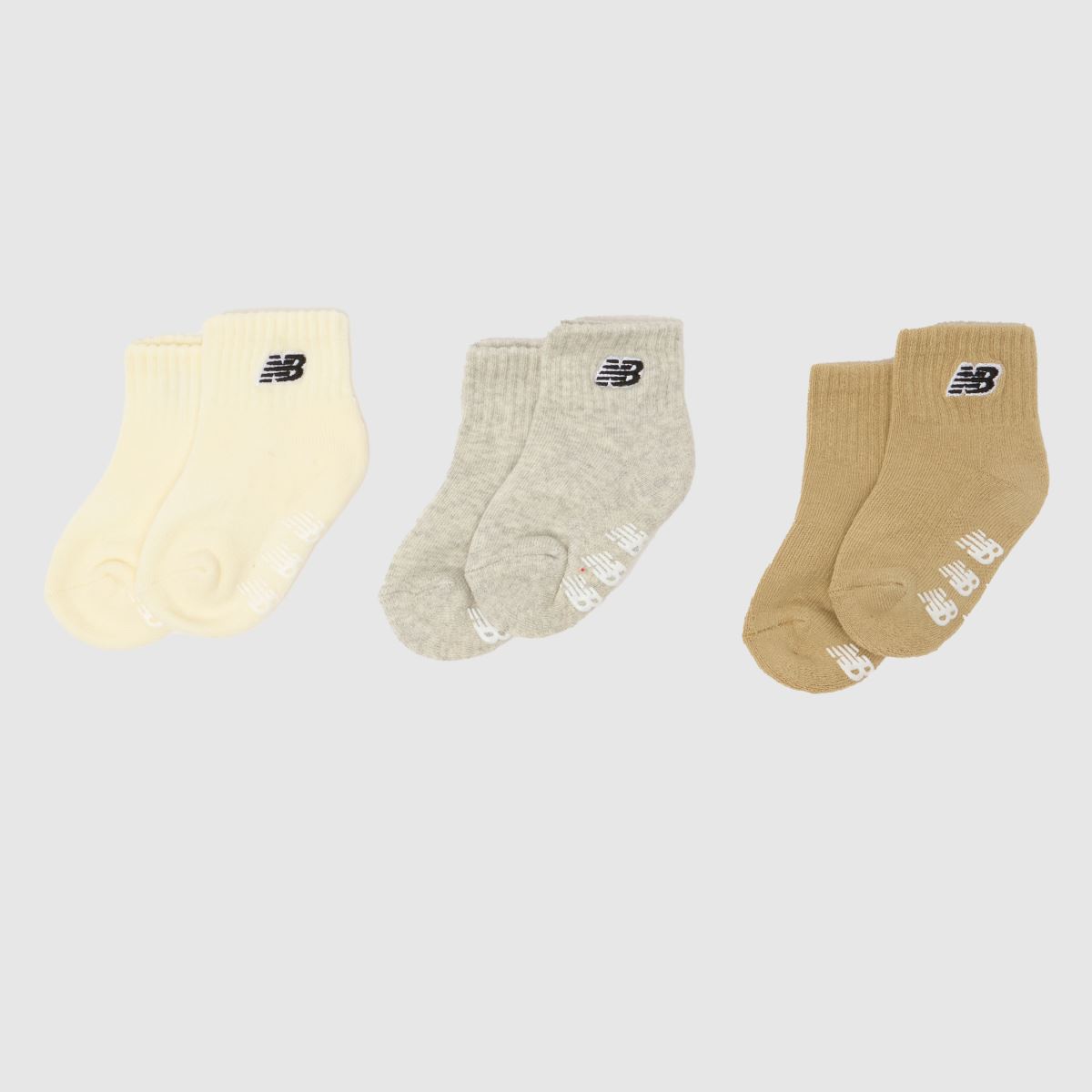 New Balance Kids Grippers Ankle Socks 3 Pack in Beige & Grey, Logo Detail, Cotton, Size: 6-12 M