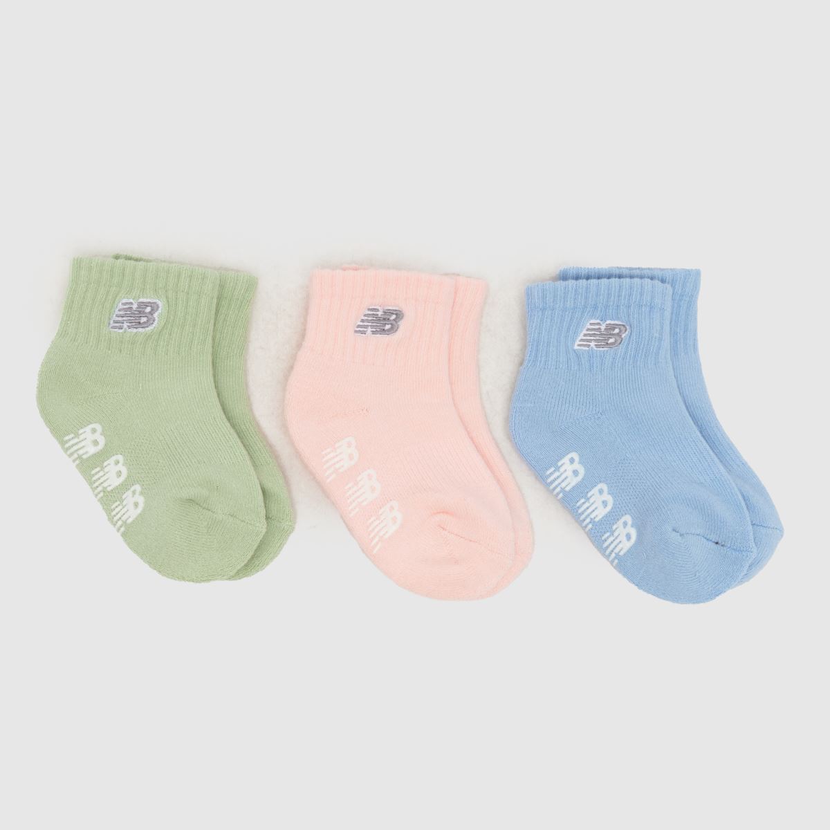 New Balance Kids Grippers Ankle Socks 3 Pack in Green, Pink & Blue, Cotton, Size: 12-24 Months