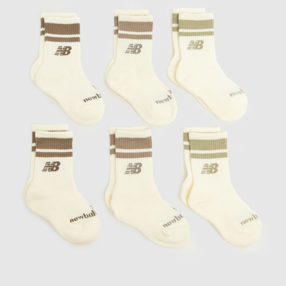 New Balance Kids Midcalf Socks 6 Pack in Beige & Brown, Logo Detail, Size: 9-11.5