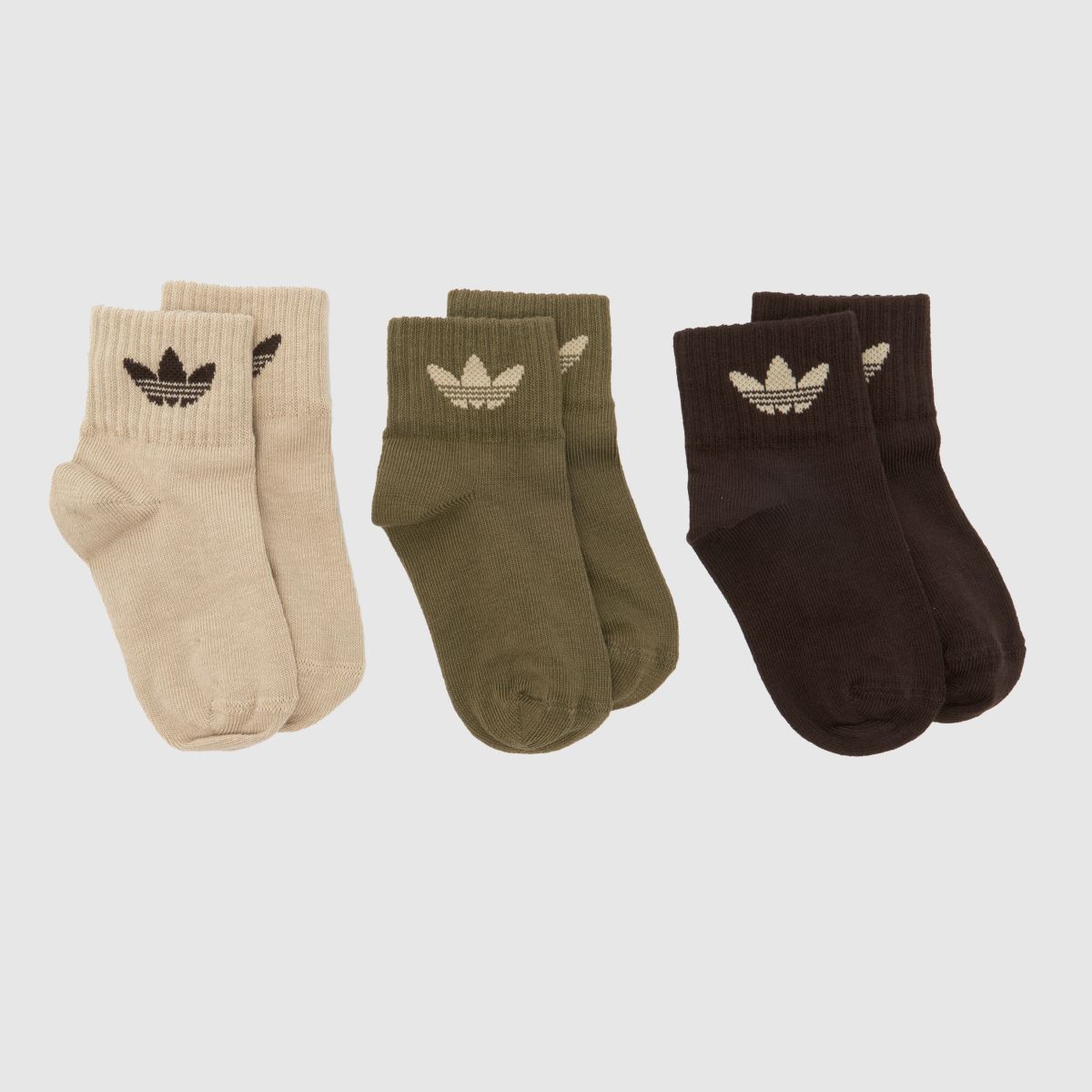 Image of adidas Kids Ankle Socks 3 Pack in Beige & Brown, Logo Detail, Fabric, Size: 12.5-1