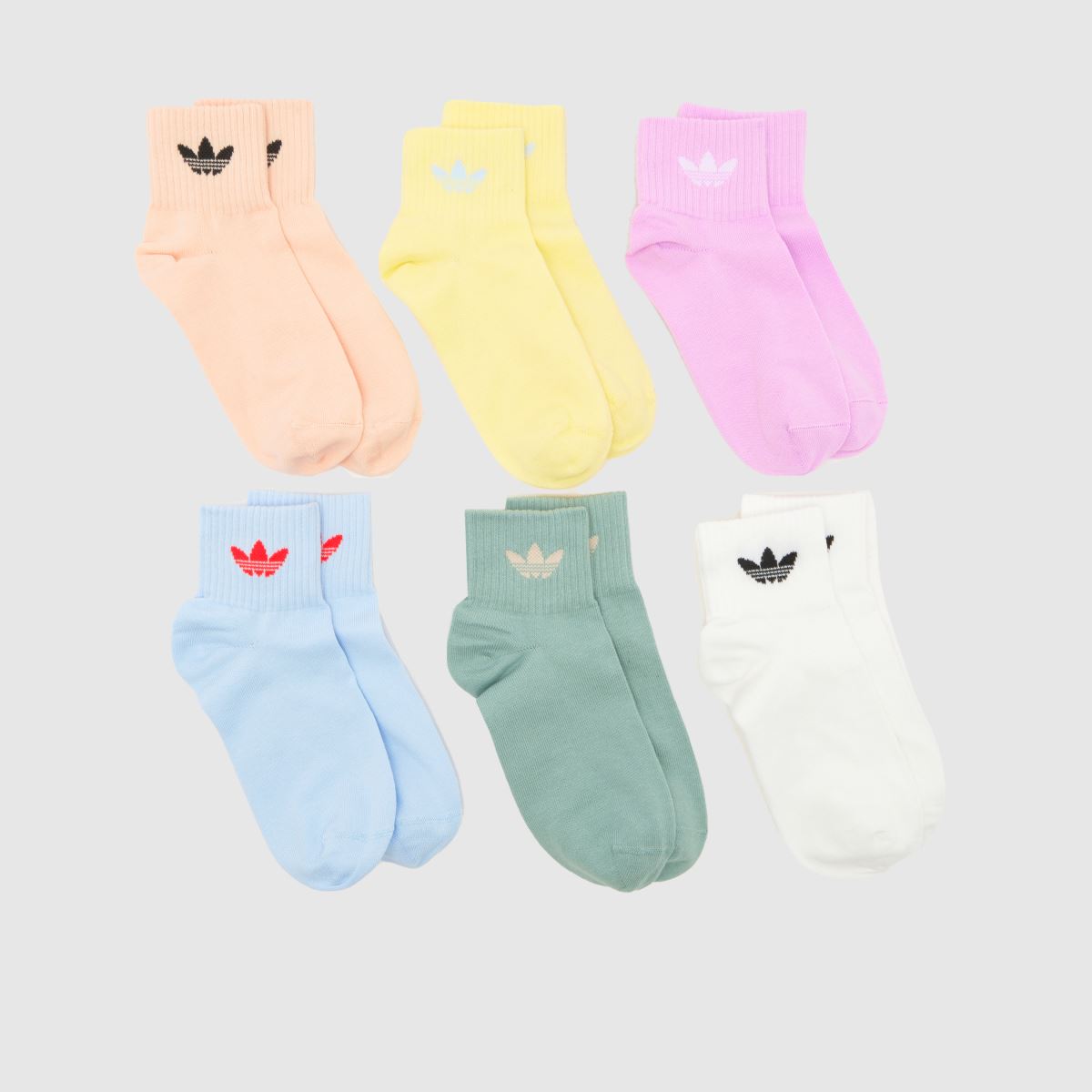 Image of adidas Kids Ankle Socks 6 Pack in Pink & Yellow, Logo Detail, Fabric, Size: 10-11.5