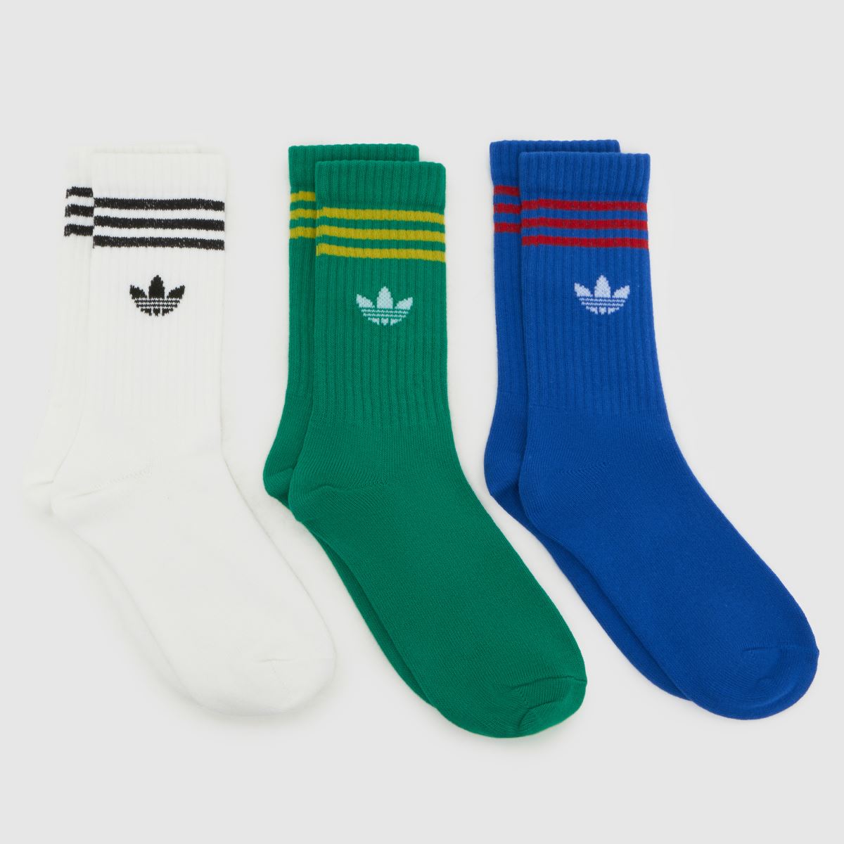 Image of adidas Kids Crew Socks 3 Pack in Blue & Green, Striped, Size: 10-11.5