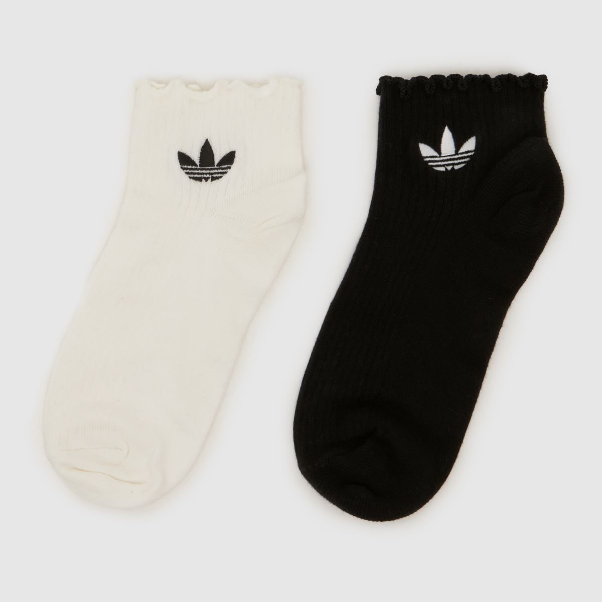 adidas Girls Ankle Socks 2 Pack in White & Black, Ruffled, Size: 2-3.5