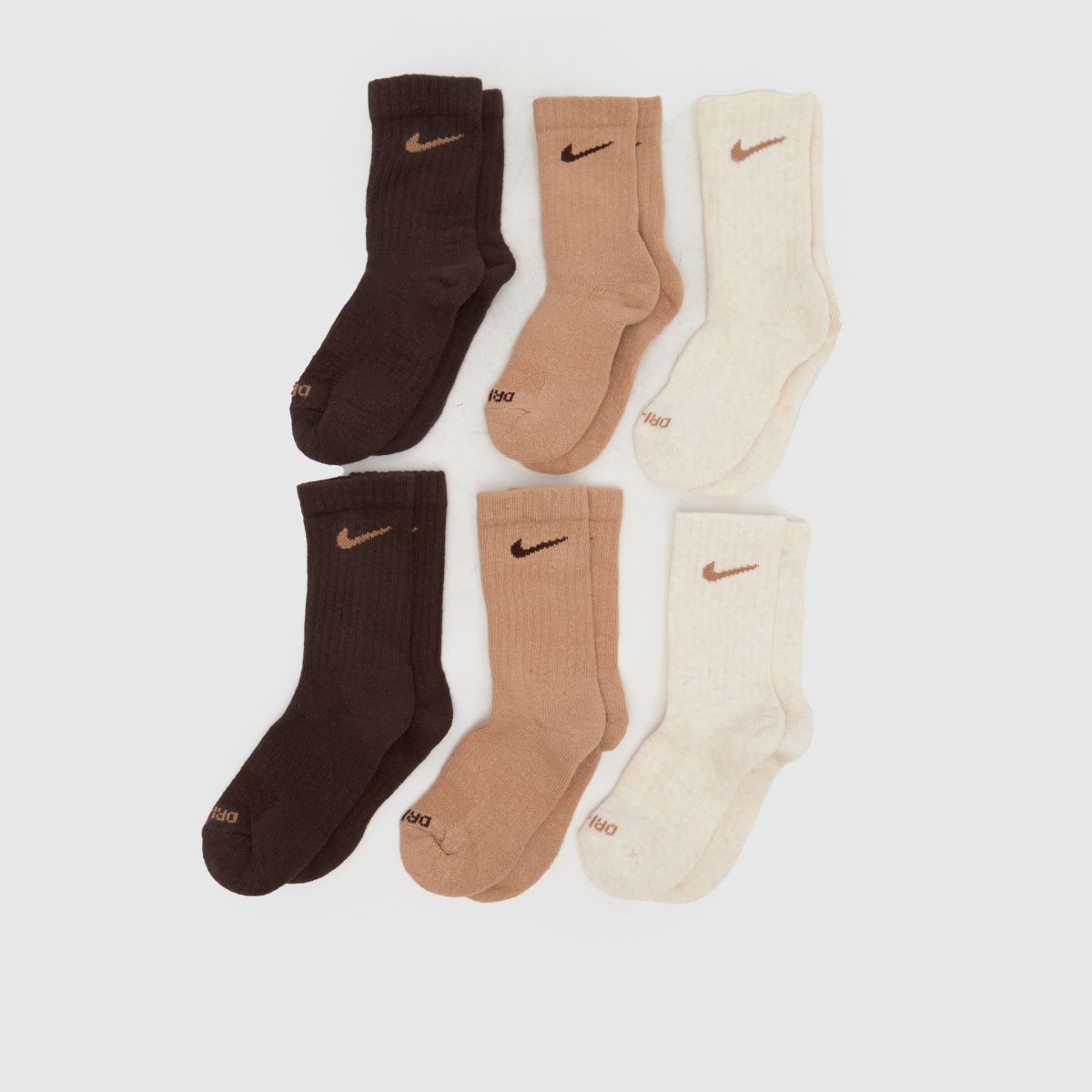 Nike Kids Basic Crew Socks 6 Pack in Beige & Brown, Fabric, Size: 6.5-9.5