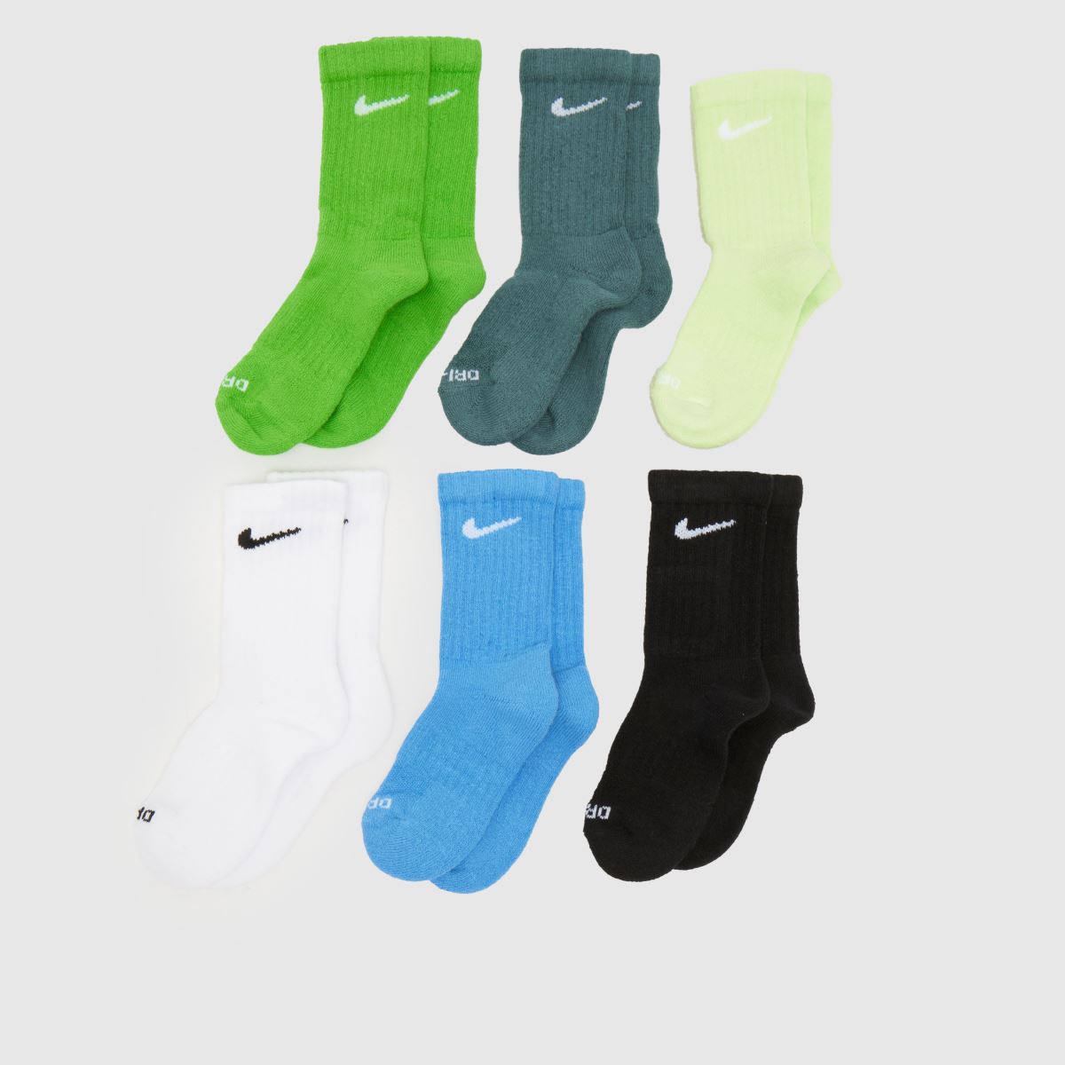 Nike Kids Crew Socks 6 Pack in Green & Black, Fabric, Size: 9.5-2.5