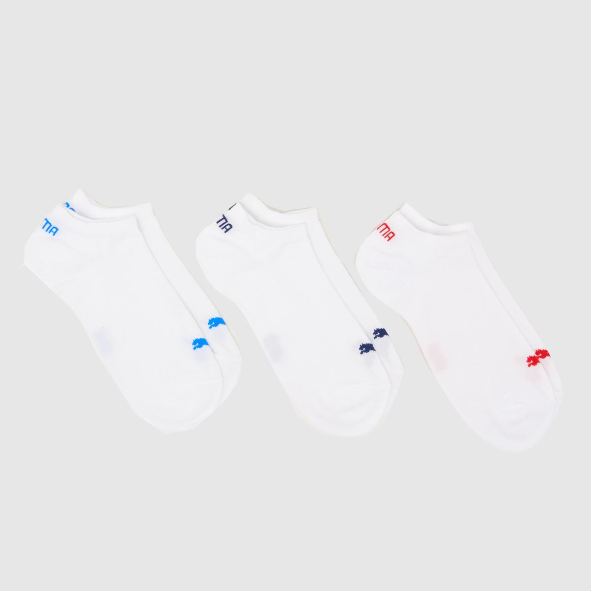 PUMA Sneaker Socks 3 Pack in White & Blue, Logo Detail, Size: 9-11