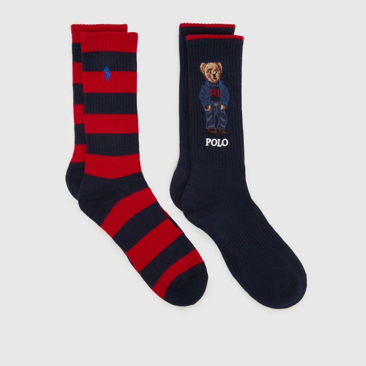Polo Ralph Lauren Bear Crew Socks 2 Pack in Navy & Red, Logo Detail