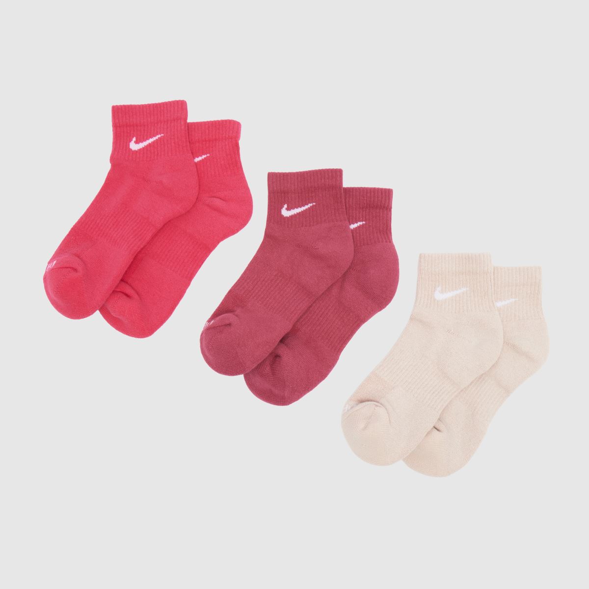 Nike Everyday Ankle Socks 3 Pack in Mauve & Pink, Cotton, Size: 2-5