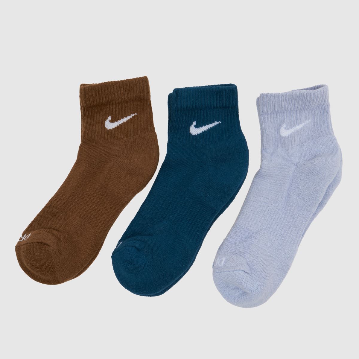 Nike Everyday Ankle Socks 3 Pack in Navy Blue & Brown, Fabric, Size: 2-5