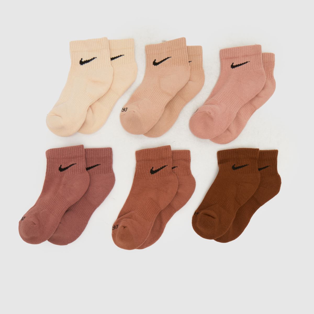 Nike Everyday Ankle Socks 6 Pack in Pink & Brown, Size: 2-5